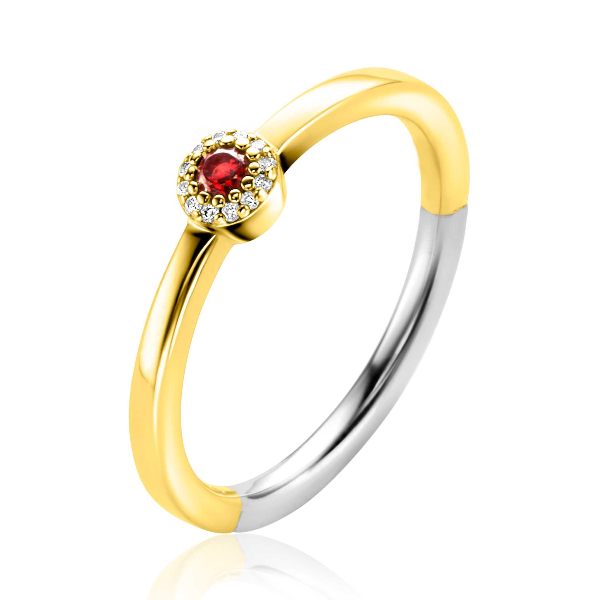 De ZINZI zlv. ring GG.VERG.ENTOURAGE rood/wit ZIRC.MT.52, modelnummer ZIR2560-52, heeft een elegante gouden vergulde entourage stijl met sprankelende rood-witte zircona's. Perfect voor speciale gelegenheden. Combineer met bijpassende sieraden voor een complete look. Draag hem op zichzelf voor een subtiele elegantie of in combinatie met andere ringen voor een gedurfde stijl.