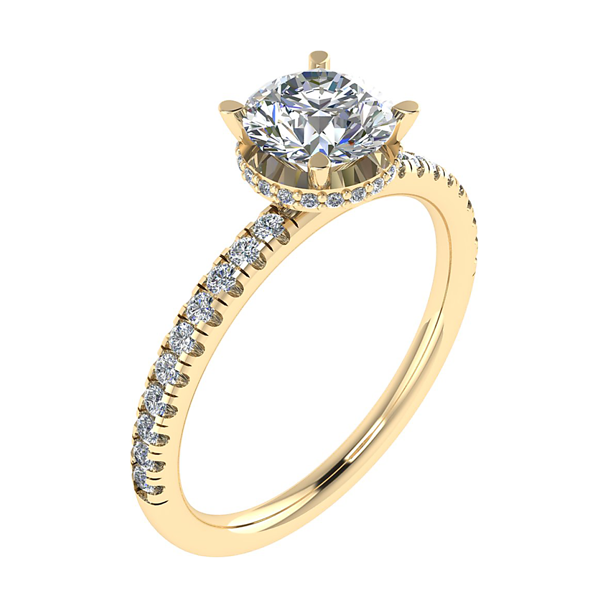 18k geelgouden lab grown diamanten ring 1,03 caraat met hidden halo. Lab grown diamant is 1,03 caraat met E kleur, VS1 helderheid en wordt geleverd met IGI diamanten certificaat. 18k geelgouden ring is met zijde natuur diamanten van totaal 0,20 caraat. Ring wordt kosteloos op maat gemaakt. 