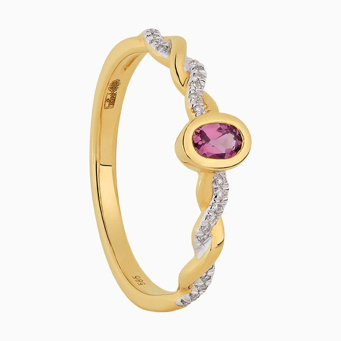 Gouden ring met 0,15 crt briljant geslepen natuurlijke diamant en toermalijn. Diamant kwaliteit SI.