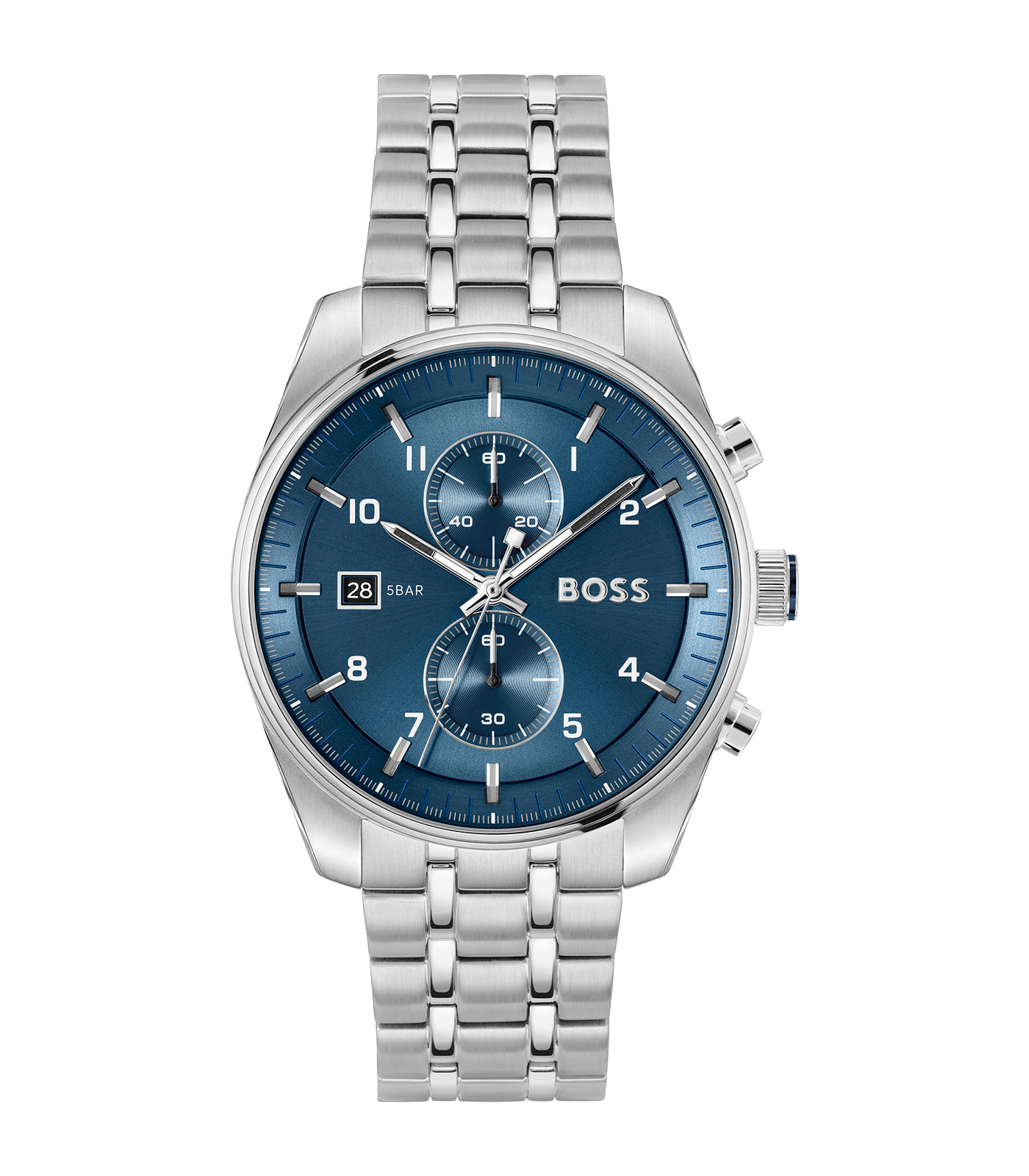 Hugo Boss Chronograaf Heren Horloge (model 1514216) heeft een 44mm roestvrijstalen kast en band in zilverkleur. Het heeft een blauwe wijzerplaat met Arabische index en chrono multi-indicatie. Voorzien van datumaanduiding en 5 ATM waterdicht. Draag het stijlvol bij formele of zakelijke outfits voor een verfijnde uitstraling.