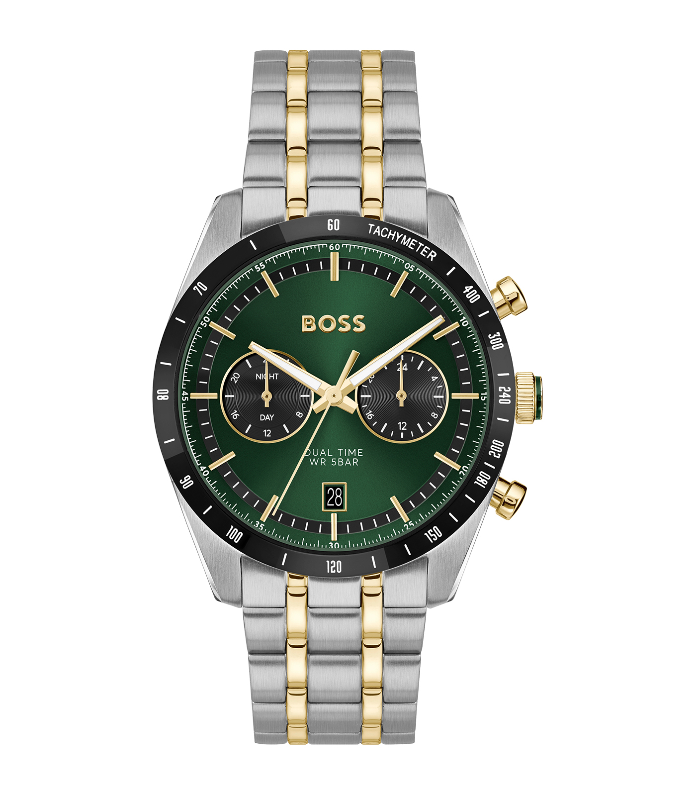 Hugo Boss Tourmaster is een stijlvol polshorloge met een groene analoge wijzerplaat en gestreepte index. Met een edelstalen kast en band, en een datumfunctie, biedt het een luxe uitstraling. Waterbestendig tot 5 ATM en nikkelvrij. Draag deze klassieke horloge bij formele of zakelijke gelegenheden voor een verfijnde look.