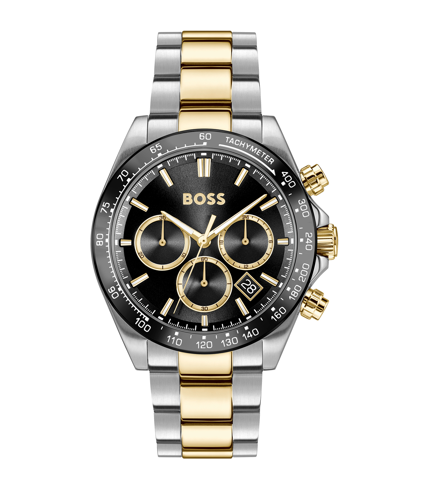 De Hugo Boss Bicolor Heren Chronograaf 1514269 is een stijlvolle polshorloge met een 43mm ronde kast van zilverkleurig roestvrij staal en een goud-zilverkleurige band. Uitgerust met een zwart wijzerplaat met streepindex, datumfunctie, quartz uurwerk en waterbestendig tot 5 ATM. Perfect te dragen bij zowel formele als casual gelegenheden voor een verfijnde uitstraling.