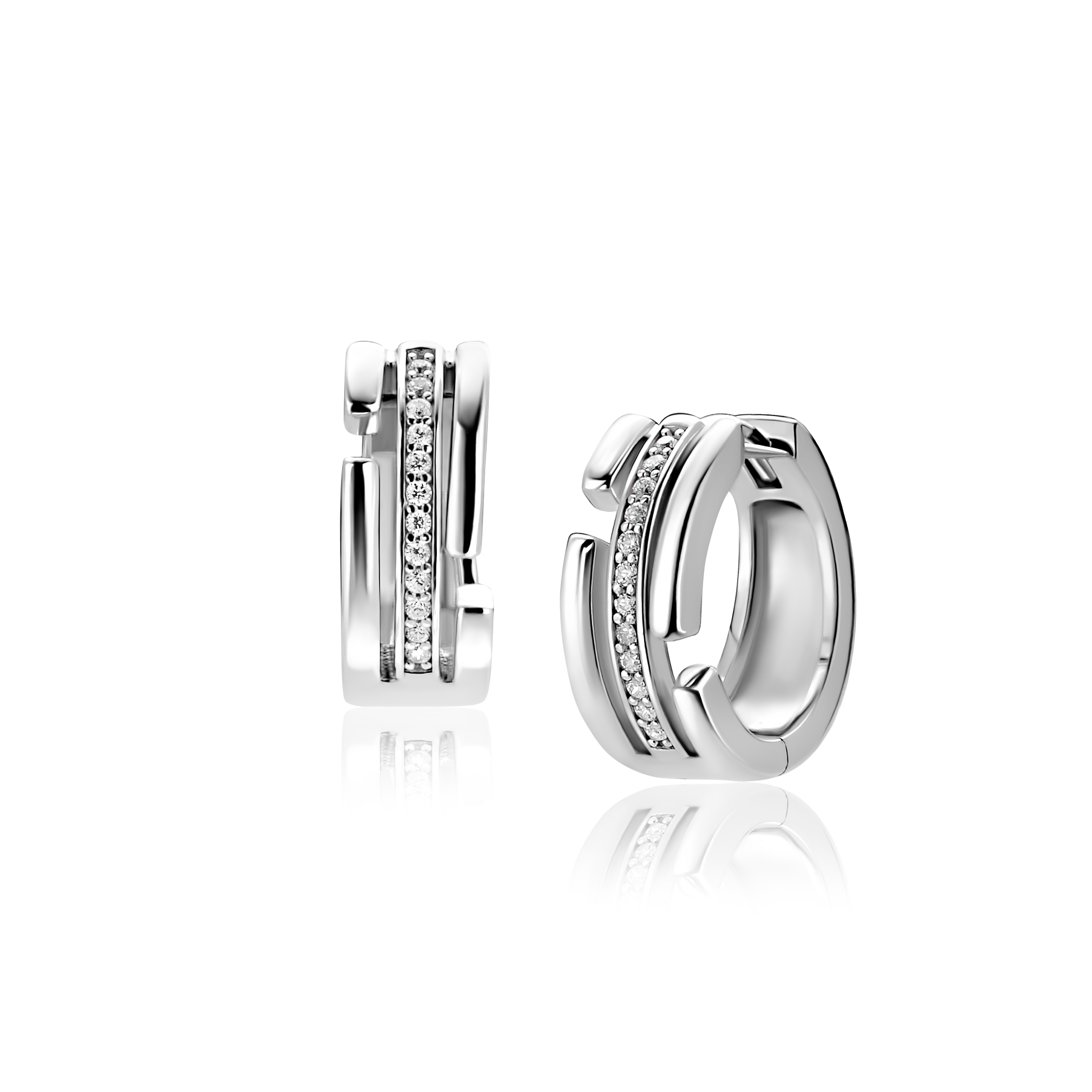 ZINZI zilveren multi-look oorringen (15 x 6mm) 3 banen met witte zirkonia’s. De oorringen hebben een luxe scharniersluiting. Vervaardigd van eerste gehalte zilver (925) en met extra rodiumlaag voor een langdurige glans.