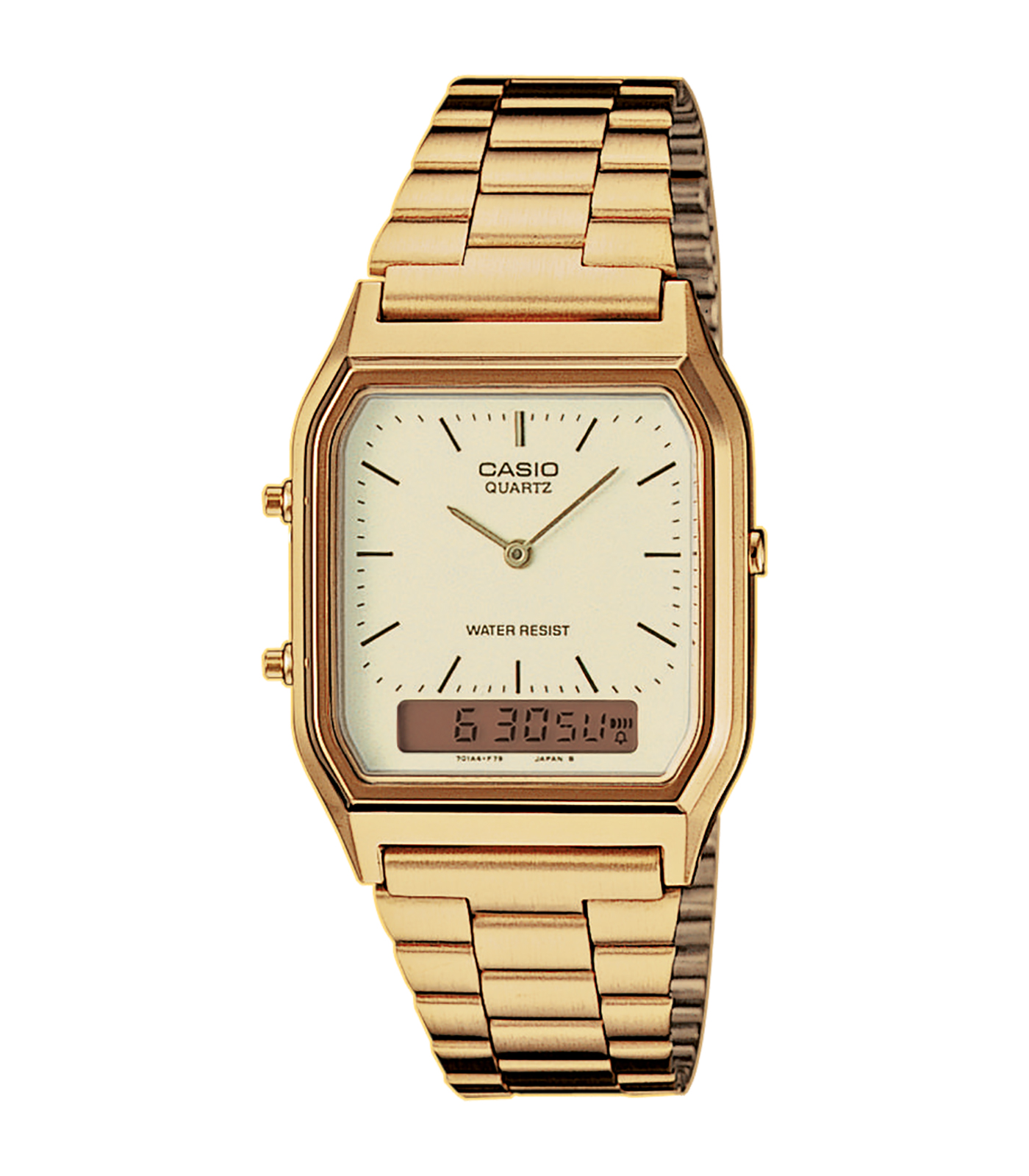 Het Casio Vintage Analoog Digitaal Horloge AQ-230GA-9DMQYES combineert een klassieke analoog-digitaal weergave met een goudkleurige uitstraling. Dit horloge heeft een rechthoekige kunststof kast, gouden wijzerplaat met streepindex, en een roestvrijstalen band. Het horloge bevat een datumaanduiding en is waterbestendig. Draag deze stijlvolle tijdloze accessoire bij zowel formele als informele gelegenheden.