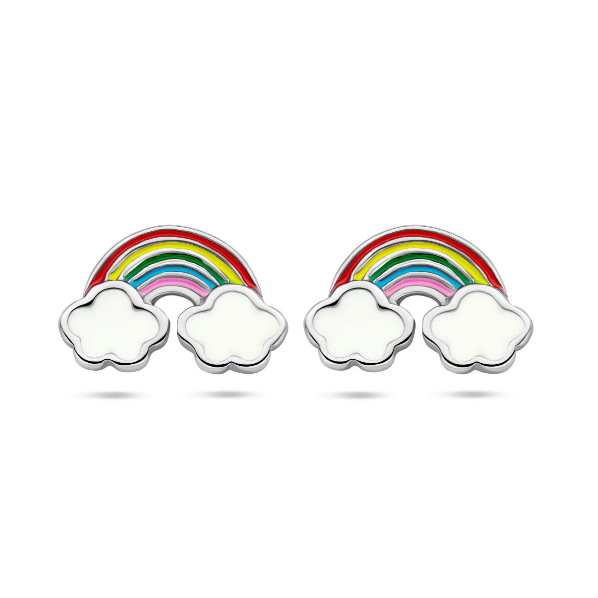Gerhodineerd 925 zilveren oorknoppen in de vorm van een regenboog met wolken. De oorknoppen hebben een afmeting van 6.5x10mm.