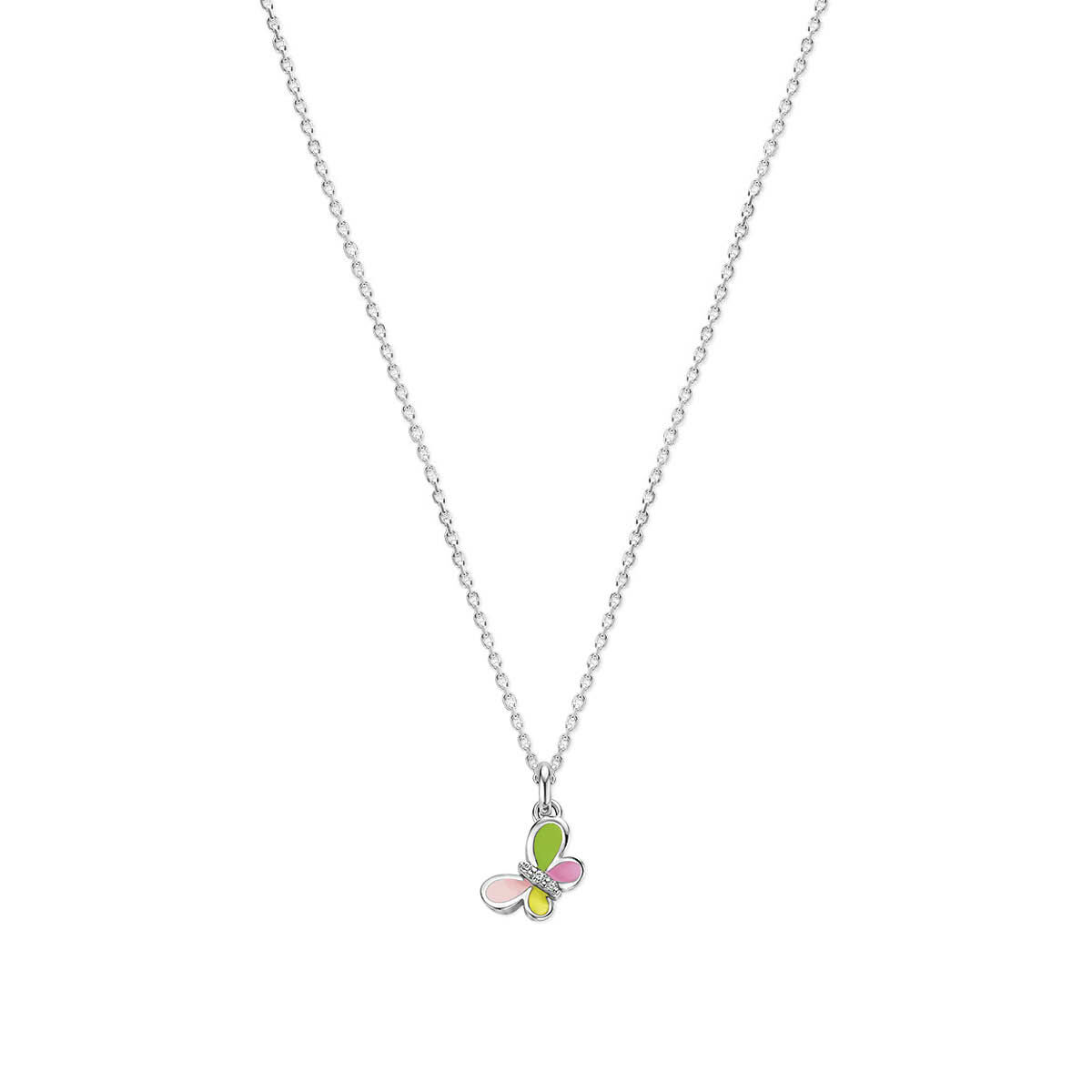 Gerhodineerd 925 zilveren collier uitgevoerd met een vlinder en zirkonia. Het collier heeft draaglengtes van 36+4cm. De schakelbreedte is 1.4mm.