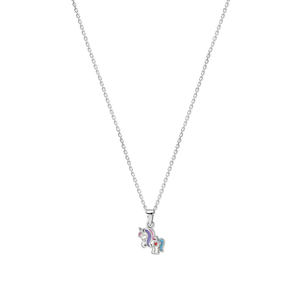 Gerhodineerd 925 zilveren collier uitgevoerd met een eenhoorn. Het collier heeft draaglengtes van 36+4cm. De schakelbreedte is 1.4mm.