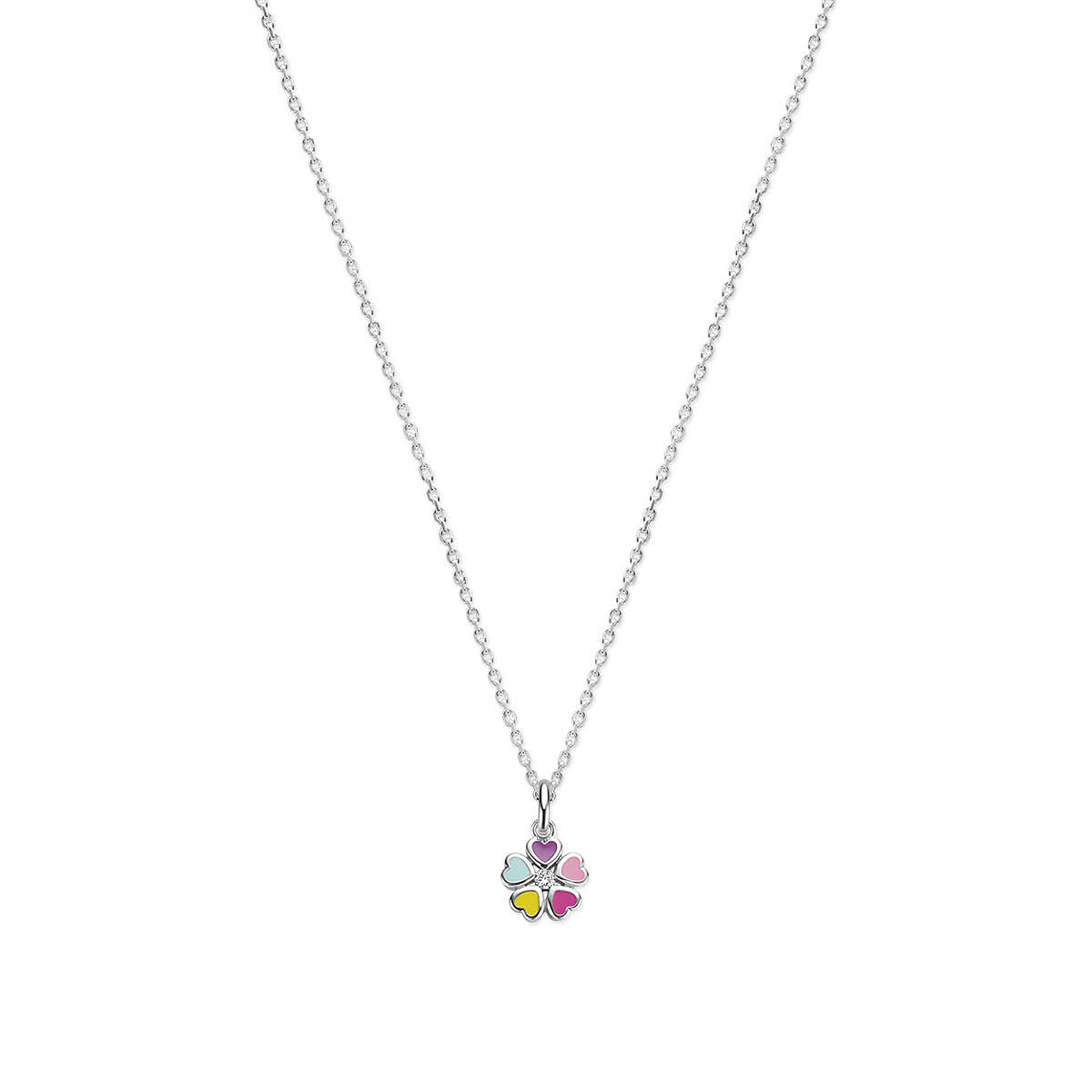 Gerhodineerd 925 zilveren collier uitgevoerd met een bloem en zirkonia. Het collier heeft draaglengtes van 36+4cm. De schakelbreedte is 1.4mm.