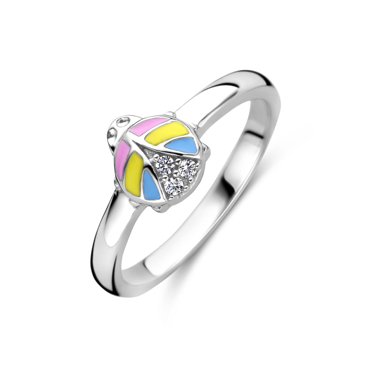 Gerhodineerd 925 zilveren ring uitgevoerd met lieveheersbeestje en zirkonia. De ring heeft een afmeting van 6.5x5.5mm.