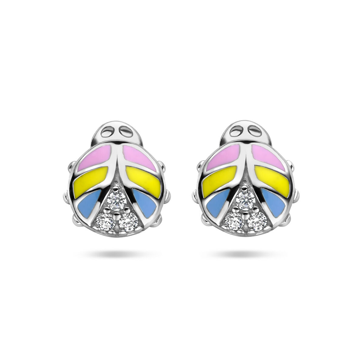 Gerhodineerd 925 zilveren oorknoppen in de vorm van een lieveheersbeestje met zirkonia. De oorknoppen hebben een afmeting van 6.5x6mm.