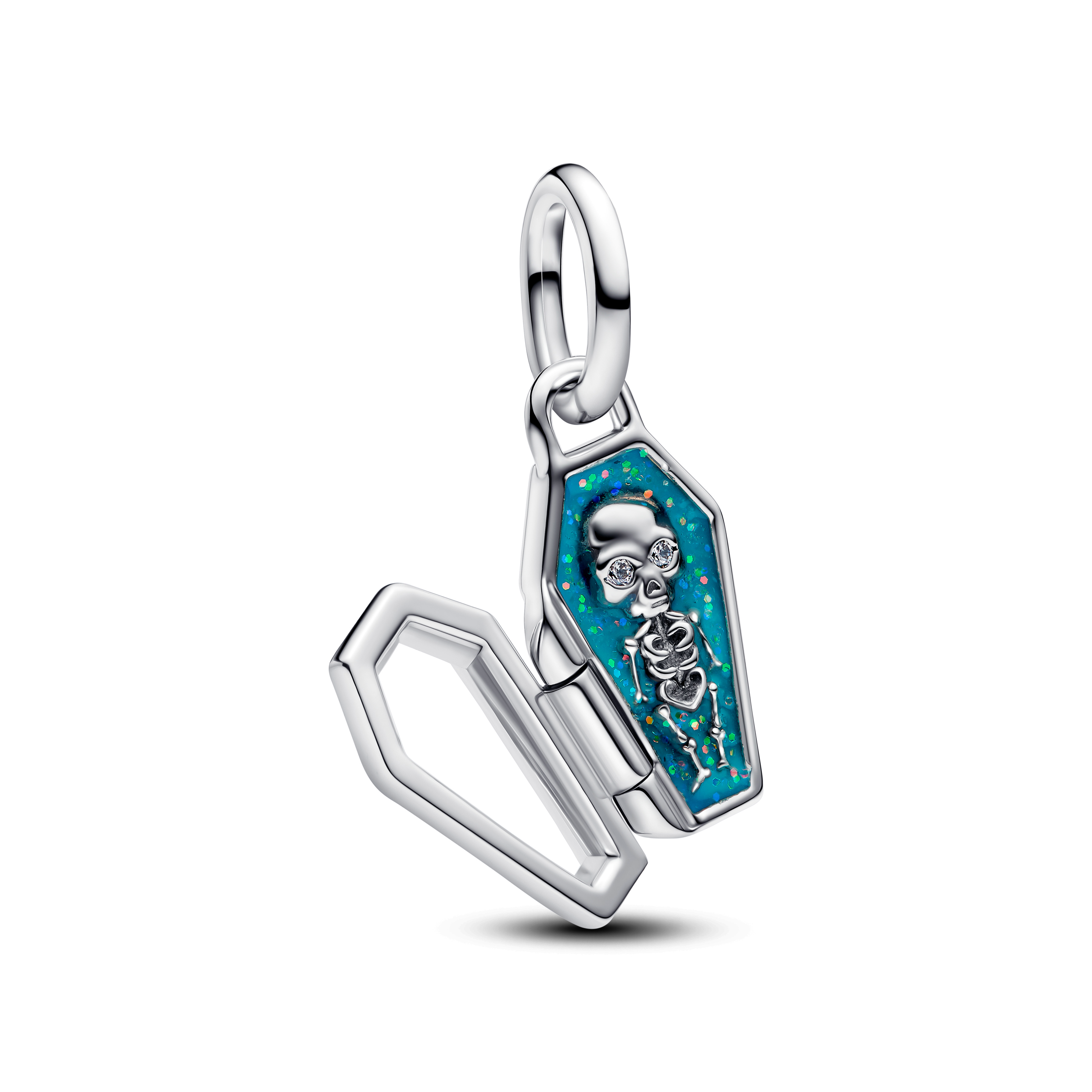 Openable coffin sterling silver dangle with clear cubic zirconia and glittery teal glow in the dark enamel.