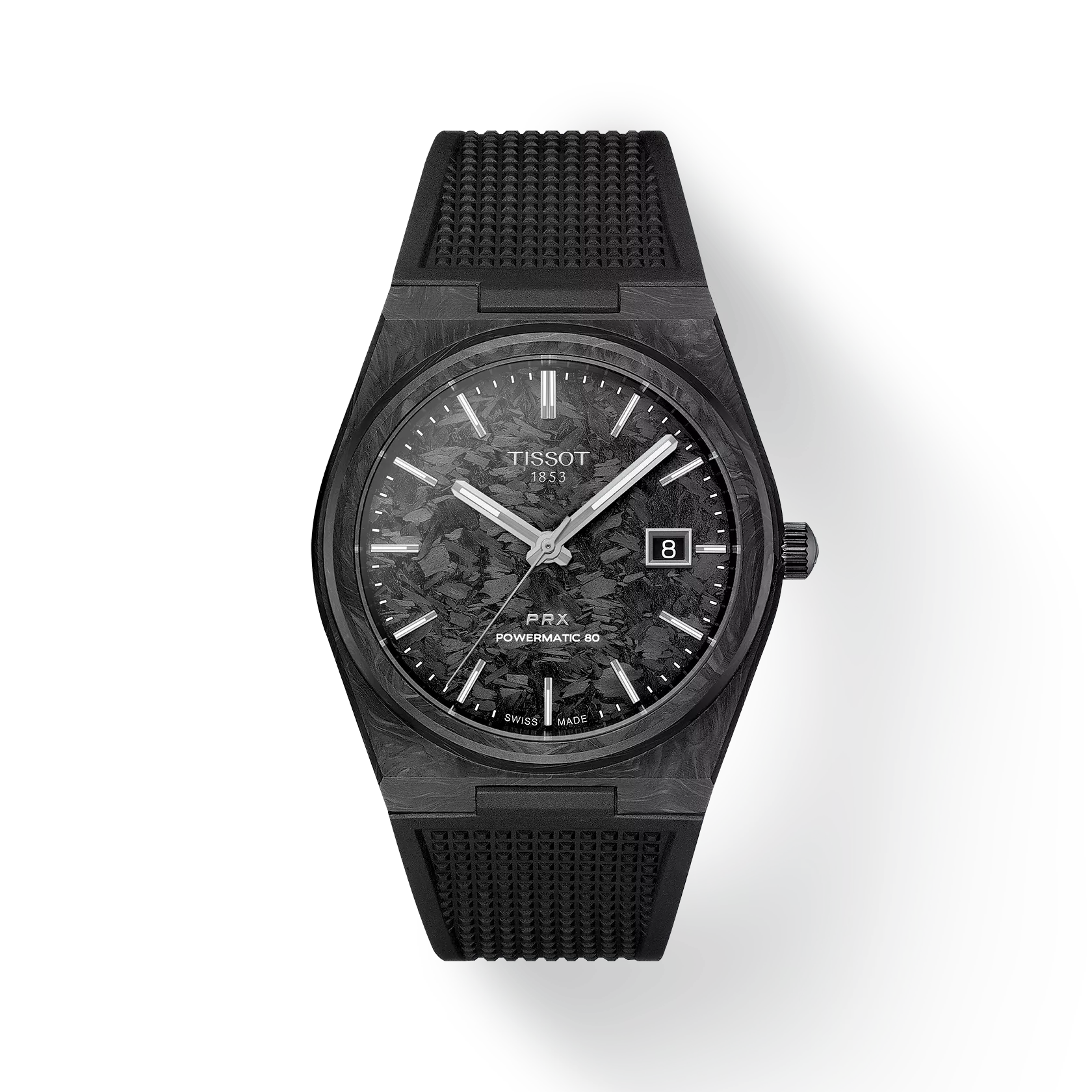 Tissot PRX Powermatic 80 Carbon herenhorloge. Het horloge heeft een mechanisch uurwerk met automatische opwindfunctie dat geplaatst is in een carbon kast. Op de zwarte carbon wijzerplaat is analoge tijdsweergave zichtbaar. Aan de kast zit een zwarte kunststof horlogeband met een doorn- / gespsluiting.
Horlogekast is 100m waterdicht en voorzien van een saffierglas.