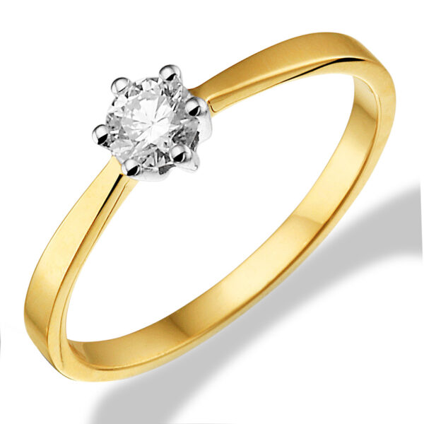 De 14 karaat geelgouden diamanten solitaire ring (modelnummer GGA5845) is een elegante verlovingsring, voorzien van een briljant geslepen diamanten van 0,15 karaat met SI1 zuiverheid en H-kleur. Ideaal voor een speciale gelegenheid. Draag deze schitterende ring op maat 55 en laat hem stralen bij elke gelegenheid. Gloednieuw en glanzend, een tijdloos juweel.
