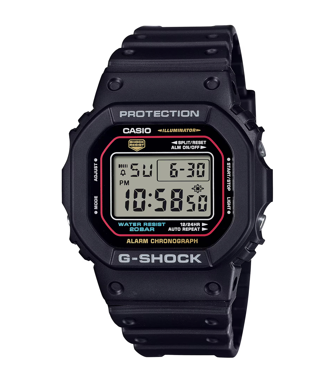 Het G-Shock Digitaal Heren Horloge DW-5600RL-1ER heeft een zwart plastic-siliconen band en kast, met mineraalglas. Het biedt een digitale tijdsaanduiding, datumaanduiding en lichtfunctie. Waterdicht tot 20 ATM en nikkelvrij, perfect voor dagelijks gebruik en sportactiviteiten. Draag het comfortabel op je pols voor een stijlvolle en functionele uitstraling.
