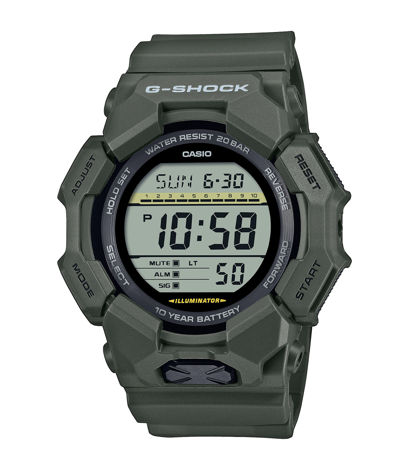 Deze G-Shock Heren Horloge GD-010-3ER is een robuust polshorloge met een digitale wijzerplaat en een groen ontwerp. Het heeft functies zoals een datumaanduiding, lichtfunctie en is waterbestendig tot 20 bar. Met een quartz uurwerk en een nikkelvrij ontwerp is het comfortabel voor dagelijks gebruik. Perfect te combineren met casual of sportieve outfits.