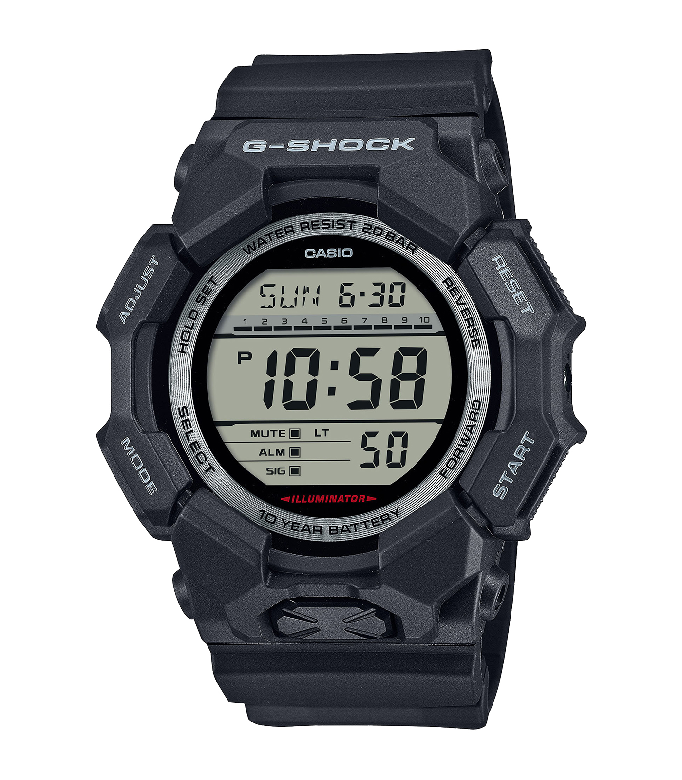 De G-Shock GD-010-1ER horloge heeft een digitale weergave, een zwarte plastic/siliconen band en is waterdicht tot 20 ATM. Met een mineraal glazen behuizing en lichtfunctie, is hij nikkelvrij en weegt 65 gram. Ideaal als sportief polshorloge met een robuuste uitstraling. Draag hem dagelijks voor een stoere en functionele look.