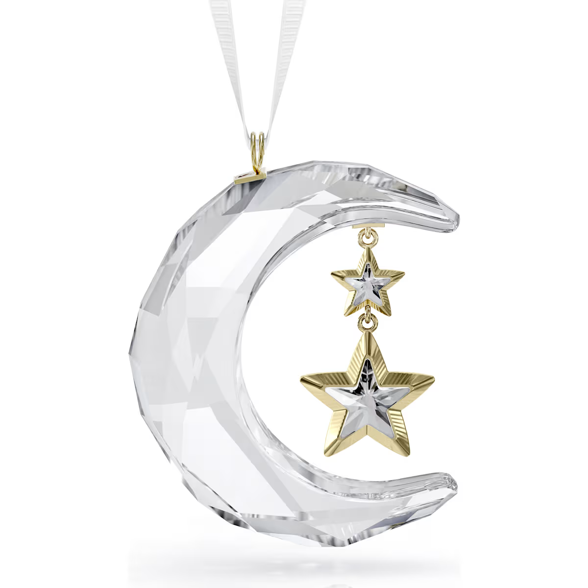 Dit majestueuze ornament is geïnspireerd op de sterrenhemel en geeft elke kerstdecoratie een hemels accent. Het glinsterende ontwerp met 200 facetten bestaat uit een maansikkel met twee hangende sterren in een champagnegoudkleurige zetting. Het hele ensemble hangt aan een luxe wit ripsband lint. Hang het in huis en doe een wens voor het komende jaar. Decoratief voorwerp. Geen speelgoed. Niet geschikt voor kinderen onder de 15 jaar.