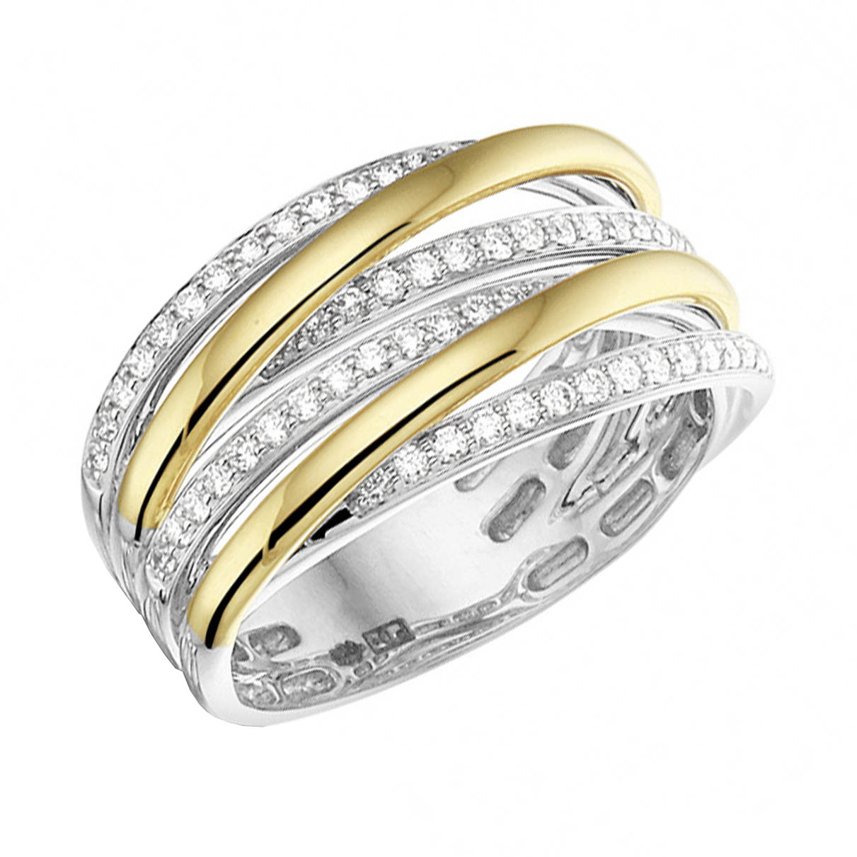 Ontdek de elegante Geelgoud Crossover Ring met briljant, modelnummer GPP0132. Deze ring is vervaardigd uit 14 karaat goud en heeft een schittering van 64 briljante diamanten (0.43 ct, SI1, H-kleur). Perfect voor elke gelegenheid, draagt u deze luxueuze ring op maat 56 om uw outfit verfijnde klasse te geven. Een tijdloze aanvulling op uw sieradencollectie.