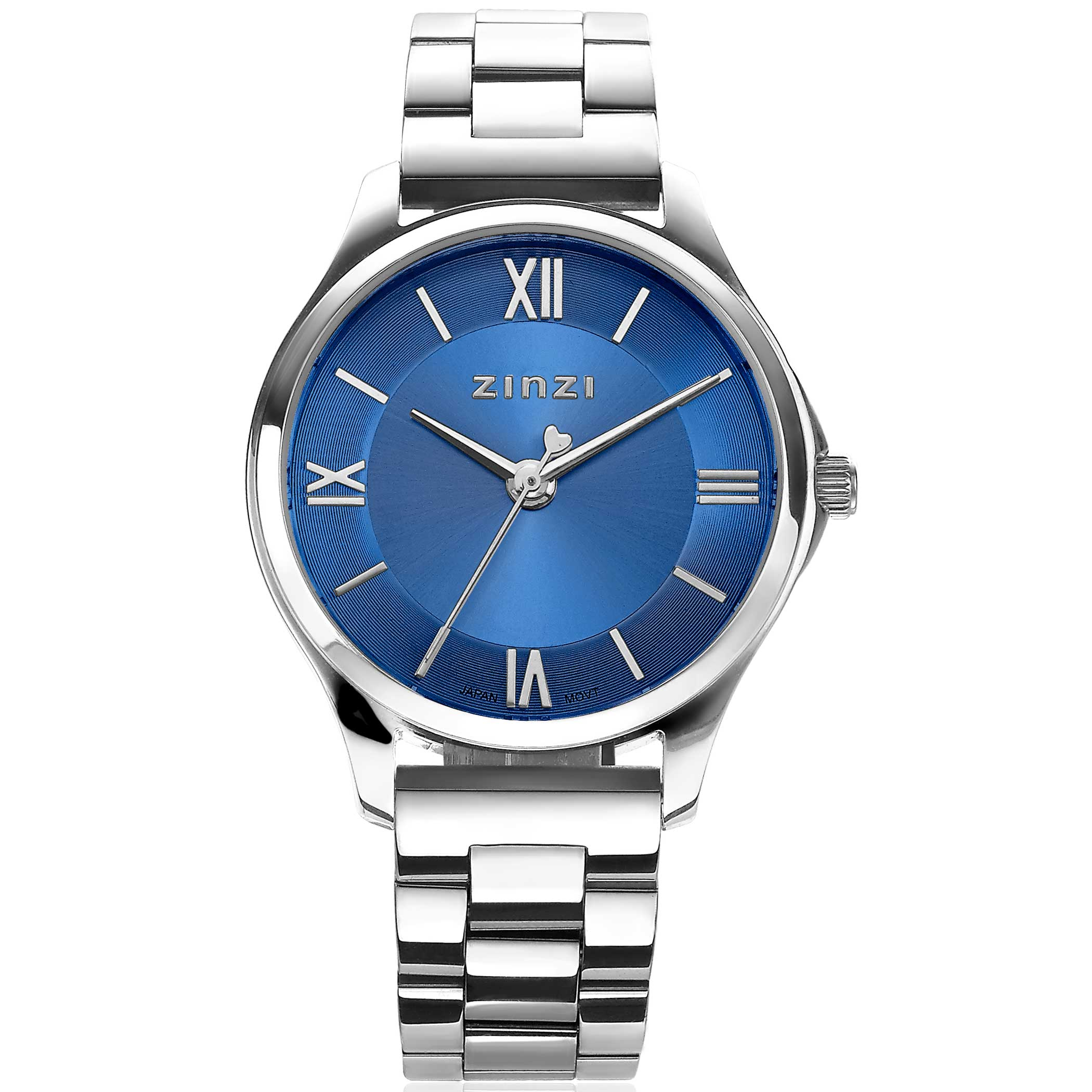 De Classy Mini watch is het nieuwste stijlvolle dameshorloge van Zinzi in een subtiel formaat van 30mm. Voorzien van een blauwe 'sunray' wijzerplaat met Romeinse cijfers en een stoere zilverkleurige stalen band met chique clip-sluiting. Natuurlijk met de bekende Zinzi touch ontworpen: het extra dunne Japanse uurwerk en de ronde stalen zilvergekleurde kast (30mm) zorgen voor een classy maar fashionable look. Leuk detail: de seconde wijzer met een subtiel hartje. Ook 5atm waterbestendig (tegen regen en spatwater) en met sterk mineraal glas. Want kwaliteit staat bij Zinzi voorop.