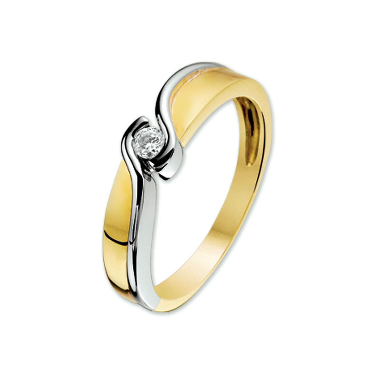 14krt bicolor wit- en geelgouden ring met zirkonia. De maat van de ring is 63 (20). Heeft u een andere maat neem dan gerust contact met ons op.