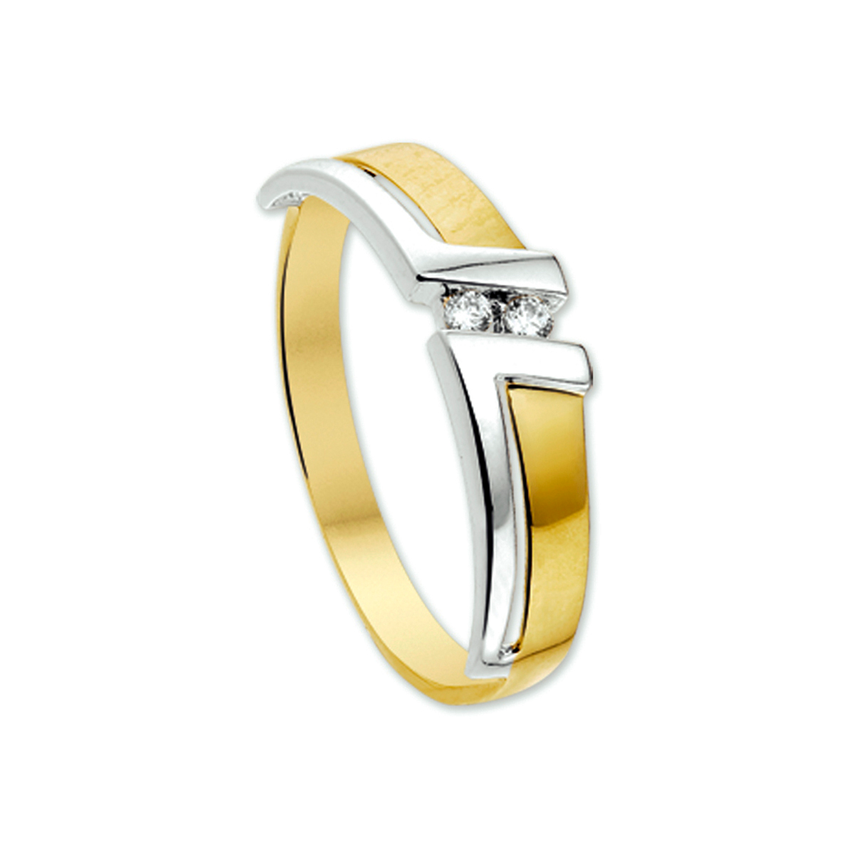 14krt gouden bicolor wit- en geelgouden ring met zirkonia.