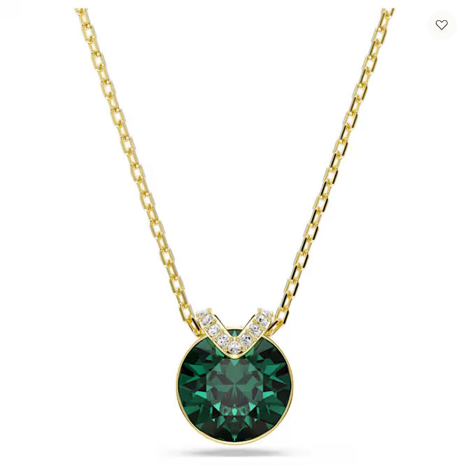 Deze fascinerende V-vormige hanger trekt alle ogen dankzij het centrale groene kristal in een zetting met een goudkleurige toplaag. Een sprankelende pav&eacute; voegt een extra laag schoonheid toe, terwijl de delicate ketting pure elegantie uitstraalt. Draag het samen met de bijpassende oorbellen voor een prachtige combinatie.