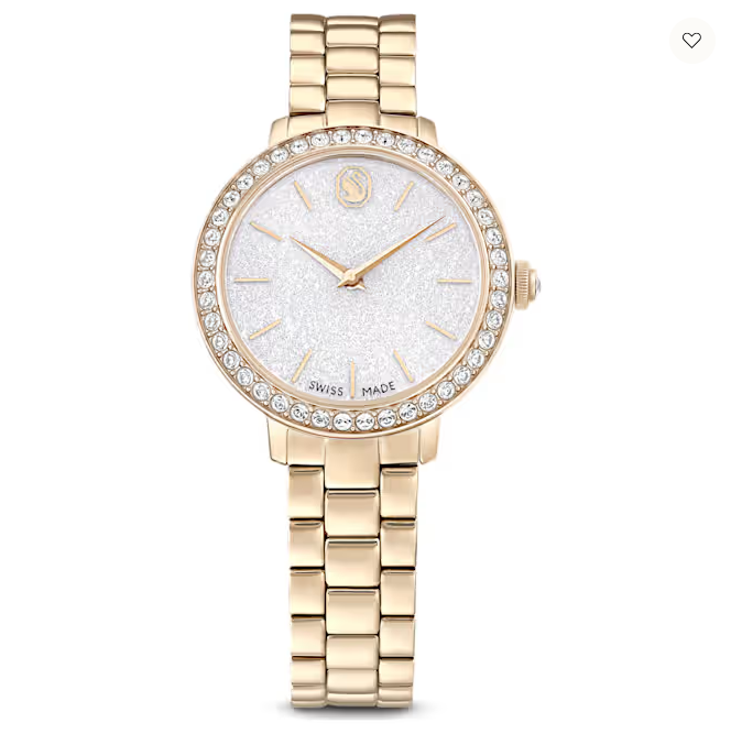 Ge&iuml;nspireerd door de Matrix-sieraden van Swarovski brengt dit horloge van 30 mm hetzelfde gevoel van eigentijdse en expressieve stijl tot leven. Het edelstalen ontwerp heeft een champagnegoudkleurige afwerking en is voorzien van een pav&eacute; lunettezetting met 42 kristallen. De beeldschone ronde wijzerplaat heeft een glittereffect en is voorzien van slanke uurmarkeringen en wijzers, evenals een zwanenlogo op 12 uur. Naast een extra kristal gezet in de kroon, valt dit horloge op door de driedelige armband, die elegant om de pols schuift. Het Swiss Made-horloge is waterbestendig tot 50 m en is de perfecte metgezel voor elke gelegenheid.