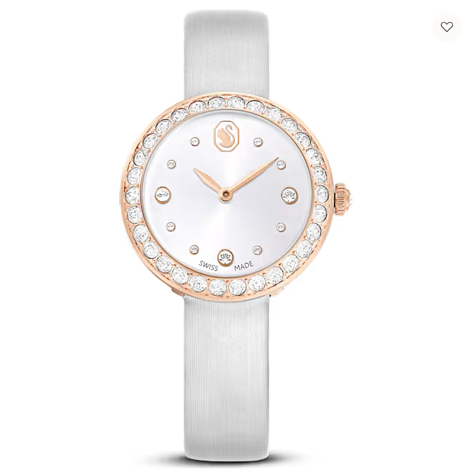 Dit horloge, dat de iconische vorm van Swarovski&rsquo;s Matrix Tennis-sieraden weerspiegelt, maakt een elegante indruk dankzij de kristallen. Op de lunette van het edelstalen ontwerp van 30 mm met ros&eacute;goudkleurige afwerking prijkt een pav&eacute; van 30 heldere kristallen, terwijl het zonnestralenpatroon verder is geaccentueerd met kristallen voor de uurmarkeringen en een zwaanlogo ter hoogte van de 12. Om de pols zorgt de grijze lederen band voor comfort, met een satijnen afwerking en snelkoppeling. Dit Swiss Made horloge is waterbestendig tot 50 meter. Het kristal in de kroon maakt het af. Draag het samen met sieraden uit de Matrix Tennis-lijn voor een naadloze complete look.