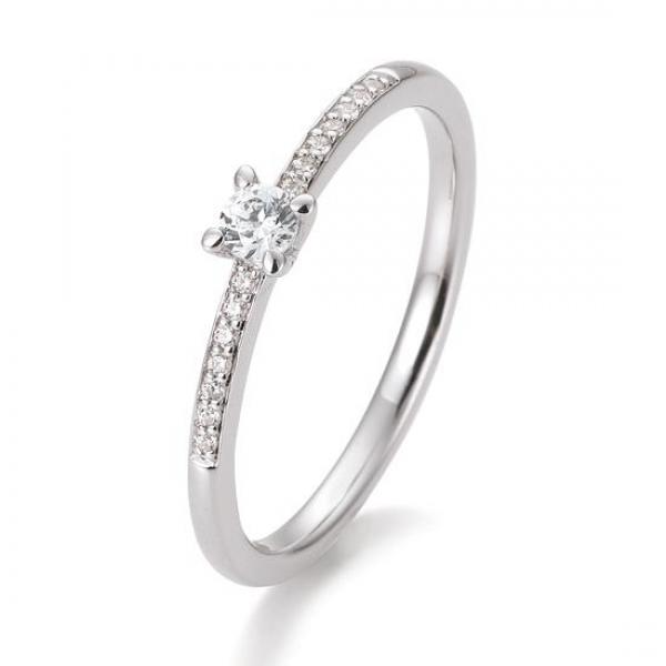 Een elegante witgouden ring met een diamant van 0,17 ct in 4-poot zetting. Tijdloos, stijlvol en subtiel sprankelend – perfect in maat 55 voor dagelijks dragen of als bijzondere verlovingsring.