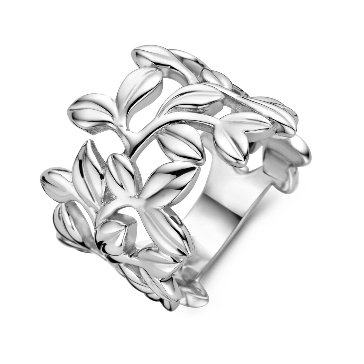 Zilveren fantasie ring blaadjes mt 19