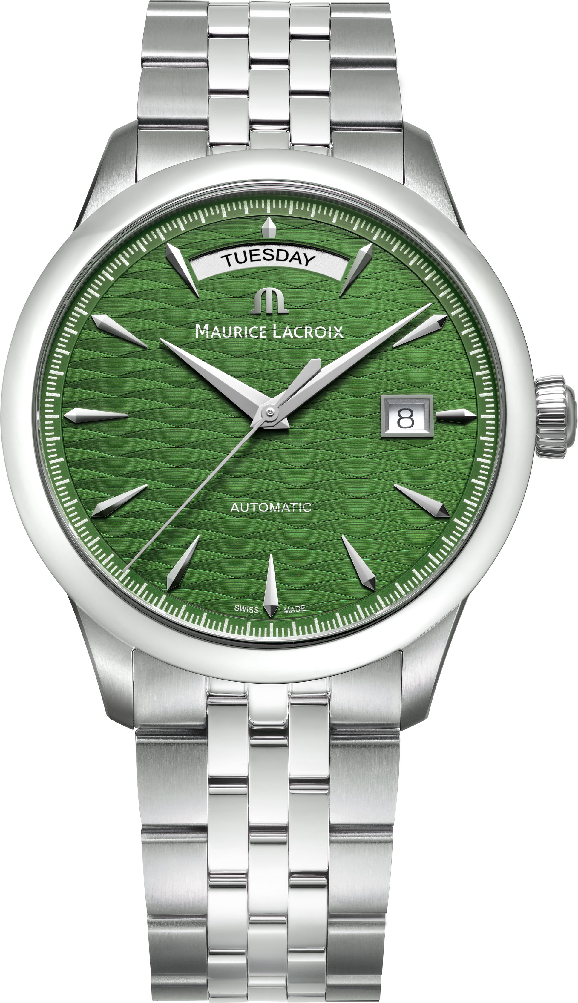 De Maurice Lacroix 1975 Automatic Day-Date 40mm Legacy Limited Edition (500st.), modelnummer 756058-SS002-630-1, heeft een groen analoog wijzerplaat met zilverkleurige roestvrijstalen kast en band. Voorzien van een automatisch Zwitsers uurwerk en saffierglas. Waterdicht tot 5 ATM. Draag deze elegante polshorloge dagelijks voor een verfijnde uitstraling, ideaal voor zowel formele als informele gelegenheden.