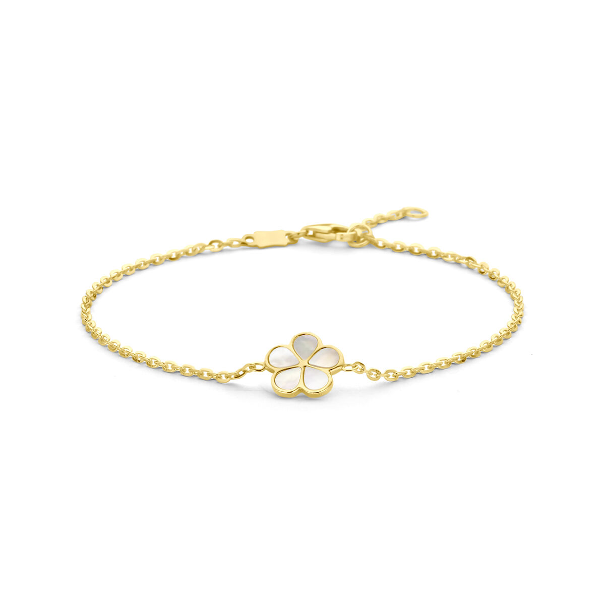 14k Geelgouden armband uitgevoerd met parelmoer bloem. De armband heeft draaglengtes van 16-18cm