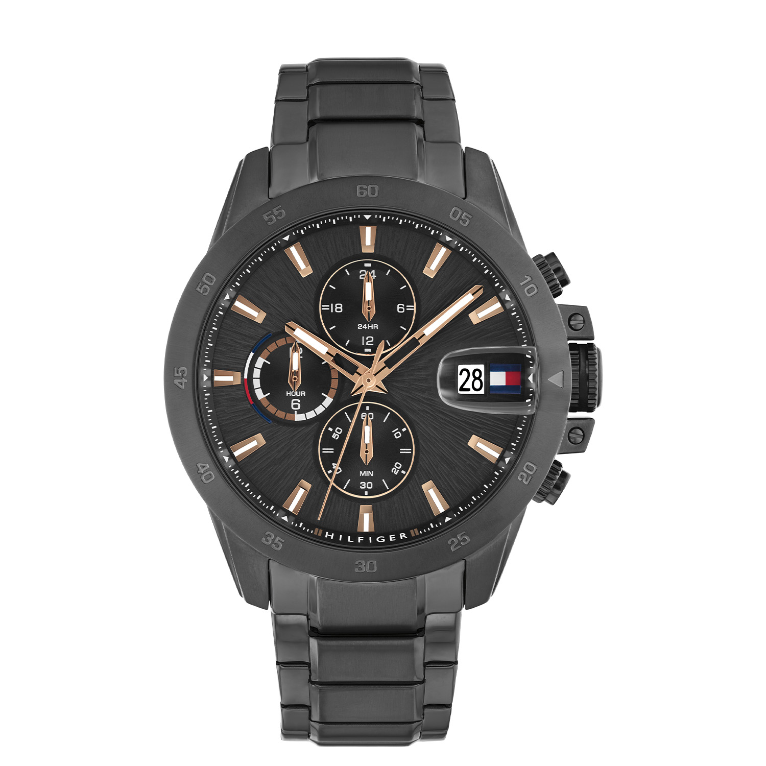 Tommy Hilfiger TH1792218 Horloge Heren Staal 43mm
Dit specifieke horloge van Tommy Hilfiger uit de Jameson serie met artikelnr: TH1792218 is een stoer herenhorloge die niet in je collectie mag ontbreken. Het stalen herenhorloge heeft een ronde gunmetal kast met een grijze bewerkte wijzerplaat met een chronograaf, een datum en het Tommy vlaggetje achter een vergrootglas. Aan de kast zit een stalen gunmetal schakelband met een vouwsluiting. Het horloge heeft een mineraalglas, een doorsnee van 43mm en is 5ATM.  

Het merk:
Sinds de lancering van het merk in 1985 is Tommy Hilfiger wereldwijd bekend geworden als pionier van de klassieke Amerikaanse coole stijl. Geïnspireerd door de iconische popcultuur en het Amerikaanse erfgoed. De dames en herencollectie van dit seizoen bestaan uit minimalistische silhouetten en rustieke lederen details. De herenhorlogecollectie biedt iconische uurwerken met roestvrijstalen, lederen en siliconen banden.

Specificaties:
- Mineraalglas
- Ronde kast 43mm
- Stalen gunmetal kast
- Grijze wijzerplaat
- Gunmetal schakelband 
- 5ATM