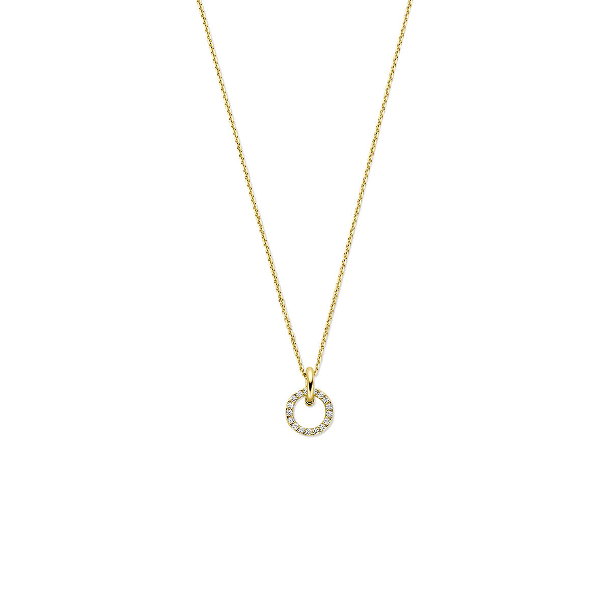 14k Geelgouden collier uitgevoerd met zirkonia. Het collier heeft draaglengtes van 40-42-44cm.