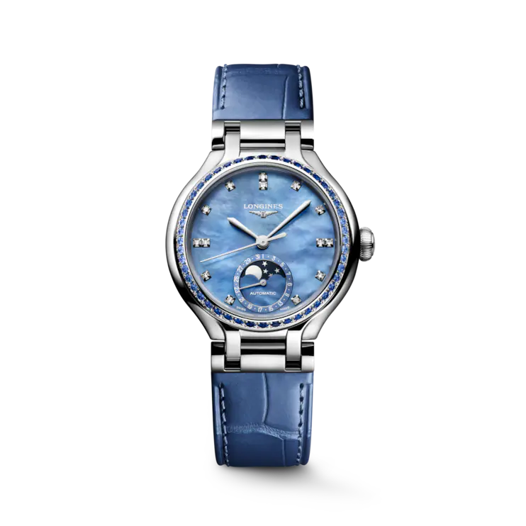 Dit Longines horloge behoort tot de Primaluna collectie.
Referentienummer: L8.126.0.97.2

Dit Longines Primaluna horloge belichaamt elegantie en vrouwelijkheid. De hemelse invloed van de collectie, die met nauwgezette aandacht voor detail is vervaardigd, is terug te zien in de sierlijke rondingen en delicate lijnen. Op de blauwe parelmoer wijzerplaat schitteren 14 sierlijke Wesselton VS-SI-diamanten met een totaal van 0.060 ct. 