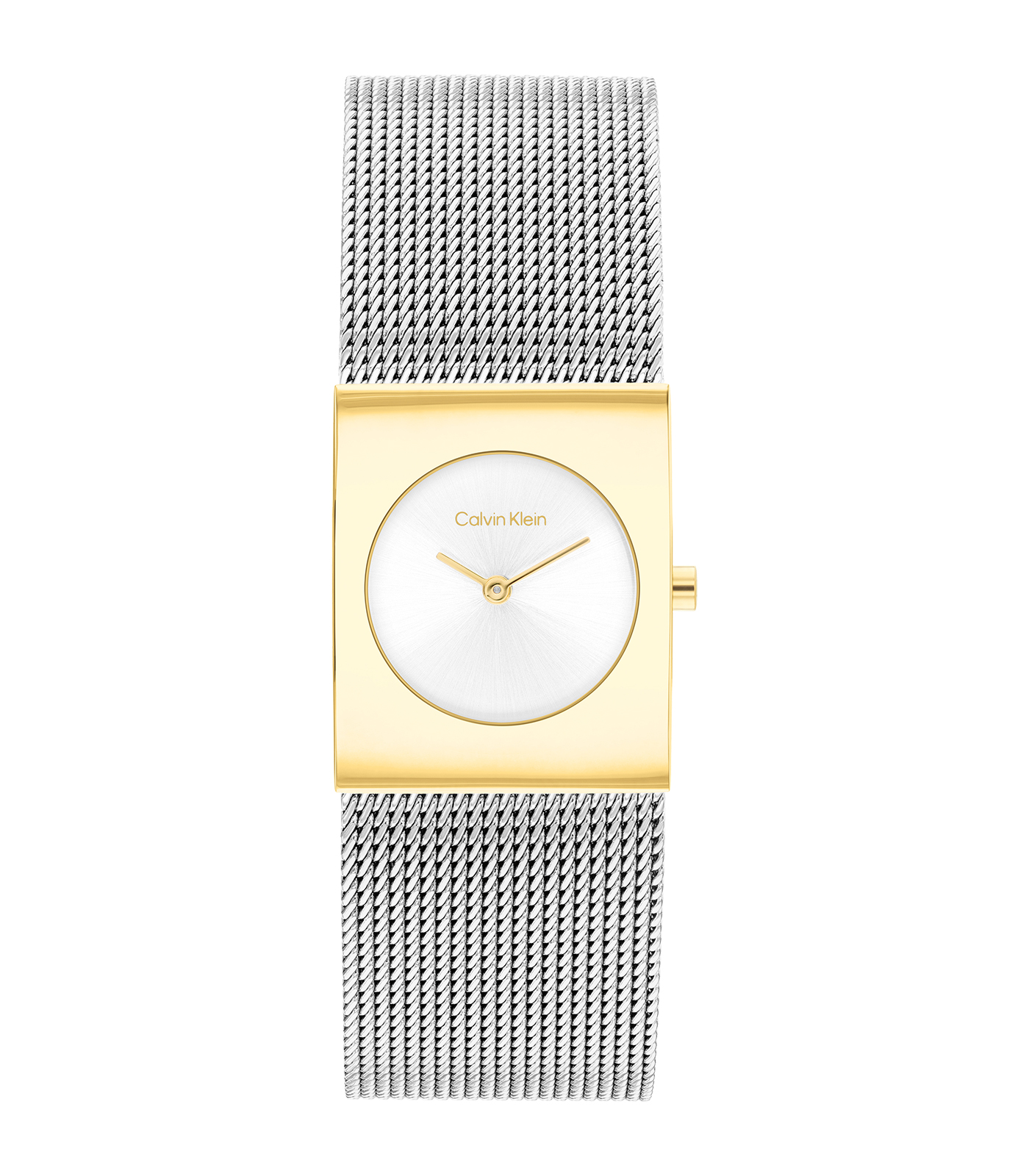 Calvin Klein Bicolor Dames Horloge 25100139 is een elegant polshorloge met een rechthoekige, goudkleurige roestvrijstalen kast en zilverkleurige milanese mesh band. Het heeft een analoog kwartsmechanisme en is nikkelvrij. Zonder datum- of lichtfunctie, waterdichtheid niveau 3. Perfect voor formele gelegenheden door de verfijnde en luxueuze uitstraling.