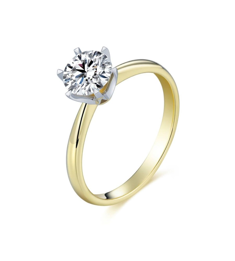 14 karaat geelgouden ring met laboratorium diamant in witgouden zetting als midden steen.
Maat 58, andere ring maten zijn te bestellen.