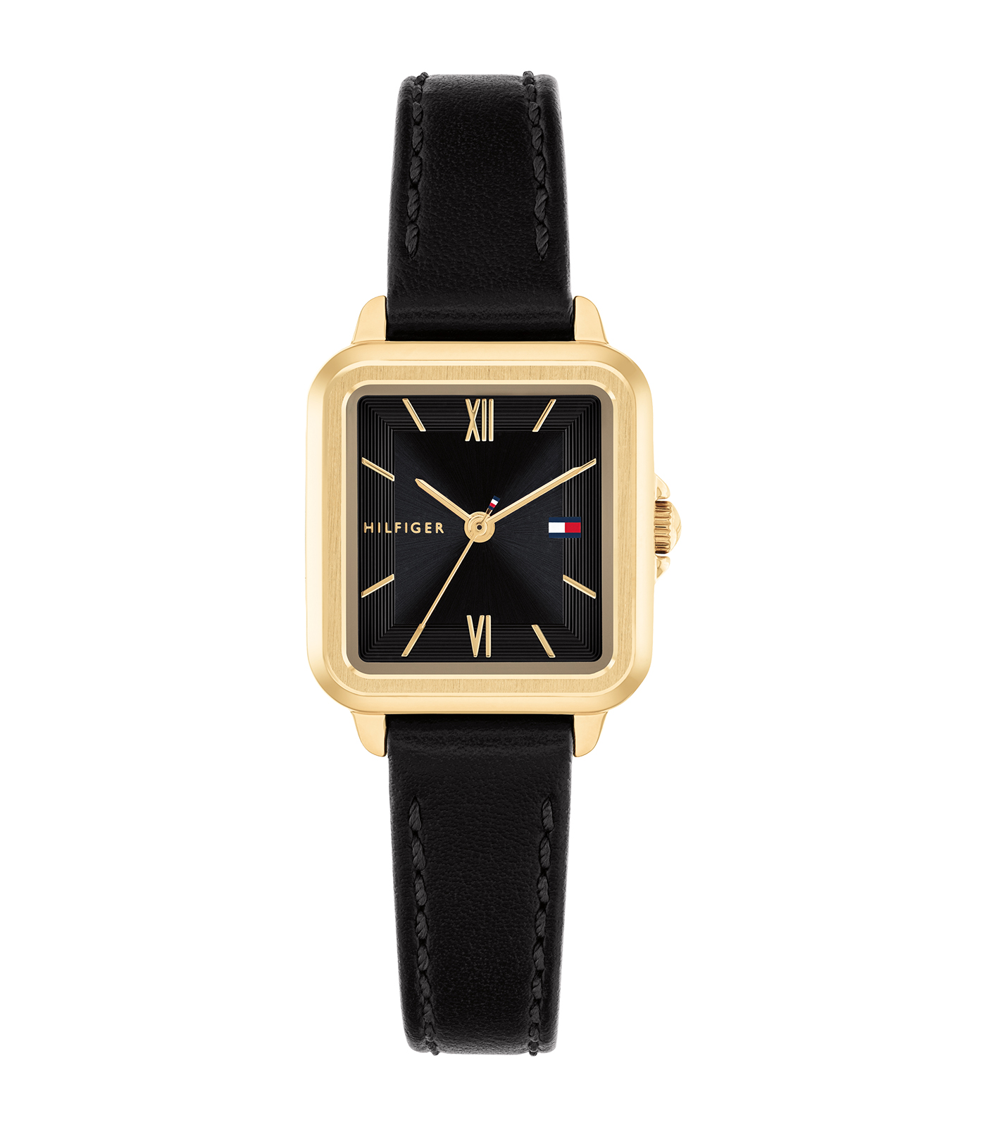 Het Tommy Hilfiger Dames Horloge 1782835 is een elegante toevoeging aan je collectie. Met een zwarte, lederen band en een rechthoekige roestvrijstalen, goudkleurige kast. De analoge wijzerplaat met Romeinse indexen maakt het horloge stijlvol. Waterbestendig tot 3 ATM, quartz uurwerk en nikkelvrij - ideaal voor dagelijks gebruik. Combineer het met casual en zakelijke outfits.