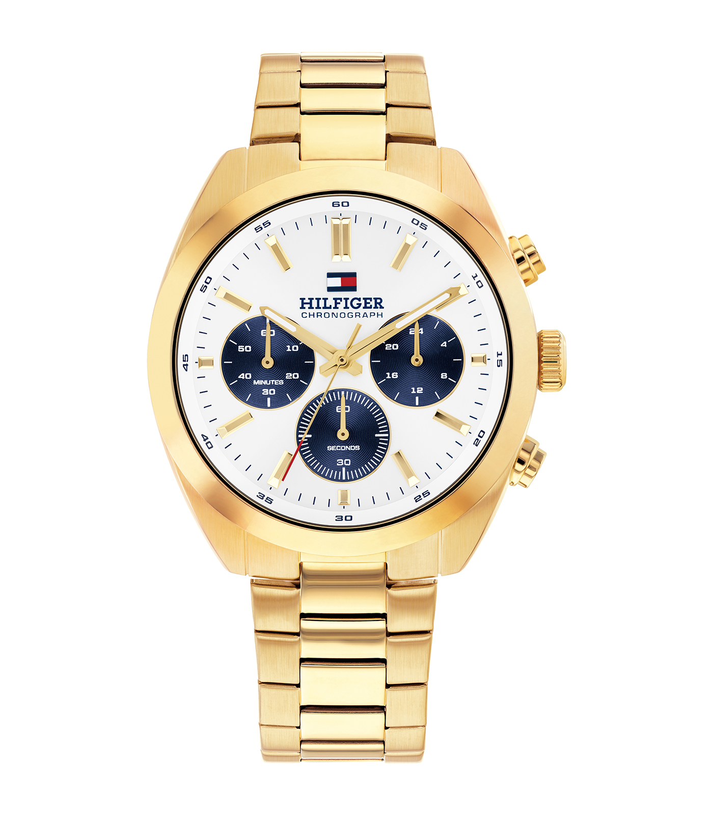 Het Tommy Hilfiger Heren Horloge model 1710723 is een stijlvol polshorloge met een roestvrijstalen kast en band, beide goudkleurig. Het horloge heeft een ronde vorm, een witte wijzerplaat met strepen als index en werkt op quartz. Het horloge is nikkelvrij en waterbestendig tot 5 ATM. Draag het als een elegant accessoire bij zowel formele als casual gelegenheden.