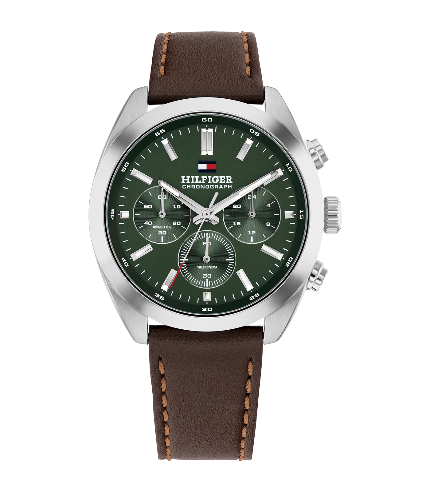De Tommy Hilfiger Heren Chronograaf 1710719 is een stijlvolle polshorloge met een roestvrijstalen zilverkleurige kast en een bruin leren bandje. De groene wijzerplaat voegt een vleugje verfijning toe aan je look. Dit horloge, uitgerust met een quartz uurwerk en chronograaf-functie, is perfect voor zowel formele als casual gelegenheden. Draag het met een nette blouse of een casual trui voor een moderne uitstraling. Waterbestendig tot 5 ATM.