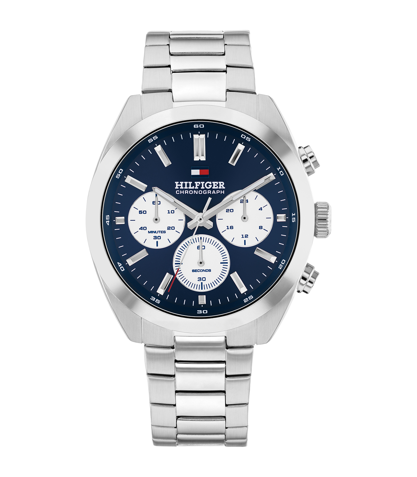 De Tommy Hilfiger Heren Chrono 1710722 is een stijlvolle polshorloge met een ronde, zilverkleurige roestvrijstalen kast en band. De blauwe wijzerplaat heeft strepen als index. Het horloge is waterbestendig tot 5 ATM en heeft een kwartsuurwerk. Perfect voor elke gelegenheid, het beste te dragen bij zowel casual als formele outfits. Geen datum- of lichtfunctie.