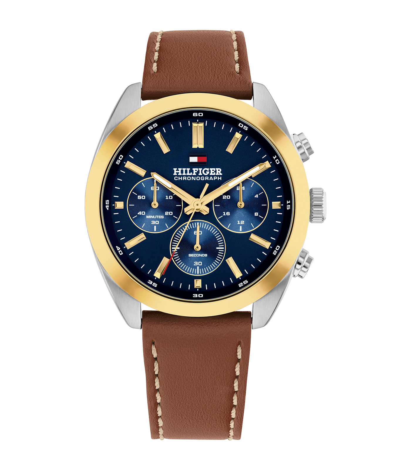 De Tommy Hilfiger Bicolor Heren Chrono 1710720 is een stijlvol herenhorloge met een blauw wijzerplaat en een bruin lederen band. Gemaakt van roestvrij staal, met een mineraalglas, chronograaf en kwarts uurwerk. Met waterbestendigheid tot 5 ATM. Perfect voor zowel formele als casual gelegenheden, ideaal te dragen bij een nette outfit of smart casual look.