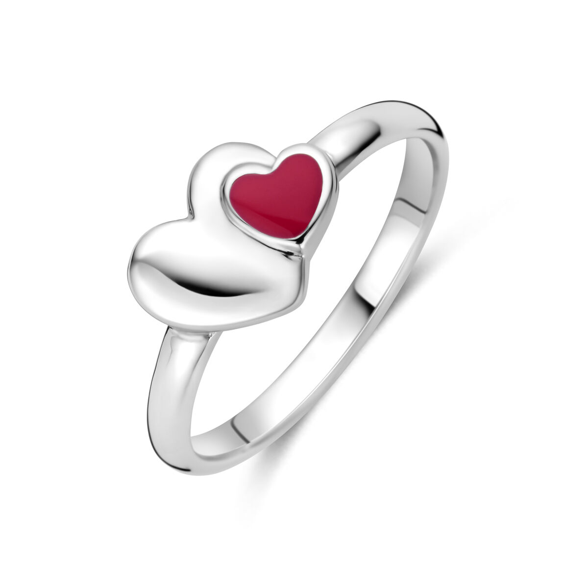 Gerhodineerd 925 zilveren ring uitgevoerd met een emaille hartje. De ring heeft een breedte van 6mm.