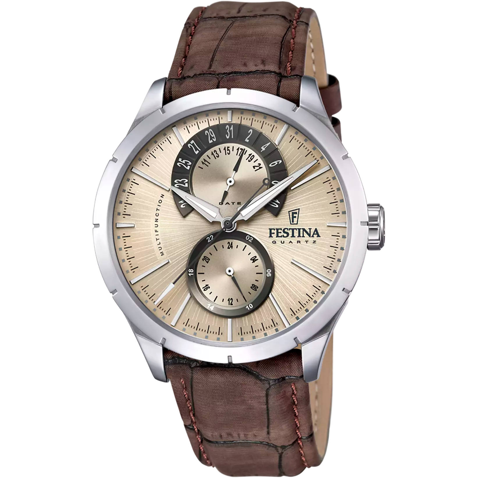 De Festina Horloge Heren Leer F16573/9 is een elegant herenhorloge met een roestvrijstalen kast van 45 mm en een bruine leren band. Het heeft een praktische datumaanduiding. Ideaal voor zowel zakelijke als informele gelegenheden, draag het met een bijpassende riem of schoenen voor een verfijnde look.