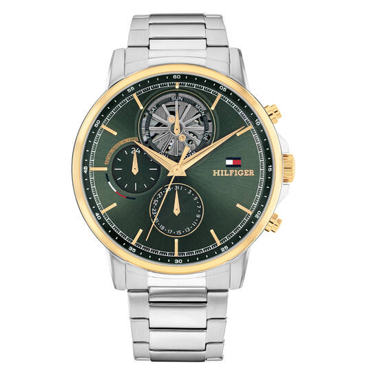 Tommy hilfiger herenhorloge Stewart met zilverkleurige band, goudkleurige kast en open groene wijzerplaat