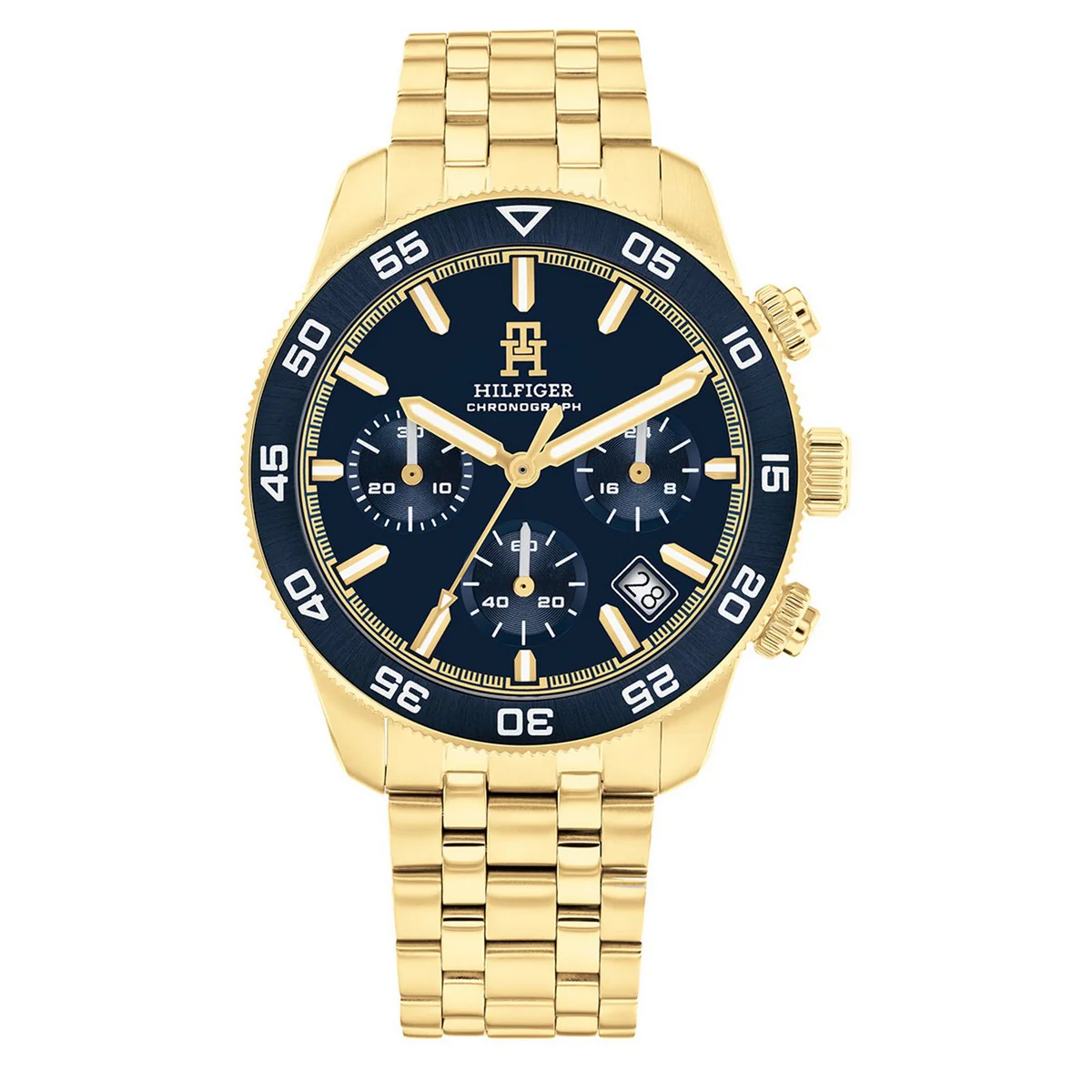 Tommy Hilfiger TH1792158 Horloge Heren Staal Goudkleurig Chronograaf 41mm
Dit specifieke horloge van Tommy Hilfiger uit de TH85 serie met artikelnr: TH1792158 is een sportief herenhorloge die niet in je collectie mag ontbreken. Het stalen herenhorloge heeft een ronde goudkleurige kast met een donkerblauwe bezel met daarop een GMT-tijdwijzer.  Het horloge heeft een donkerblauwe wijzerplaat met goud/zilverkleurige wijzers als uursaanduiding en een datum. De goudkleurige schakelband is op lengte verstelbaar en heeft een vouwsluiting. Het horloge heeft een mineraalglas, een doorsnee van 41mm en is 5ATM.

Het merk:
Sinds de lancering van het merk in 1985 is Tommy Hilfiger wereldwijd bekend geworden als pionier van de klassieke Amerikaanse coole stijl. Geïnspireerd door de iconische popcultuur en het Amerikaanse erfgoed. De dames en herencollectie van dit seizoen bestaan uit minimalistische silhouetten en rustieke lederen details. De herenhorlogecollectie biedt iconische uurwerken met roestvrijstalen, lederen en siliconen banden.

Specificaties:
- Mineraalglas
- Ronde kast 41mm
- Goudkleurige horlogekast met gekleurde bezel
- Donkerblauwe wijzerplaat
- Goudkleurige schakelband 
- 5ATM