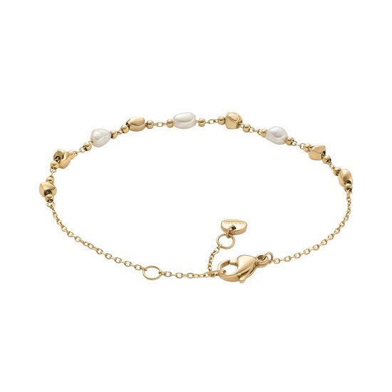 Een gepolijste, goudkleurige roestvrijstalen armband wordt geaccentueerd met zoetwaterparels en goudkleurige steentjes, vastgezet met een karabijnsluiting voor ingetogen elegantie en draagcomfort.