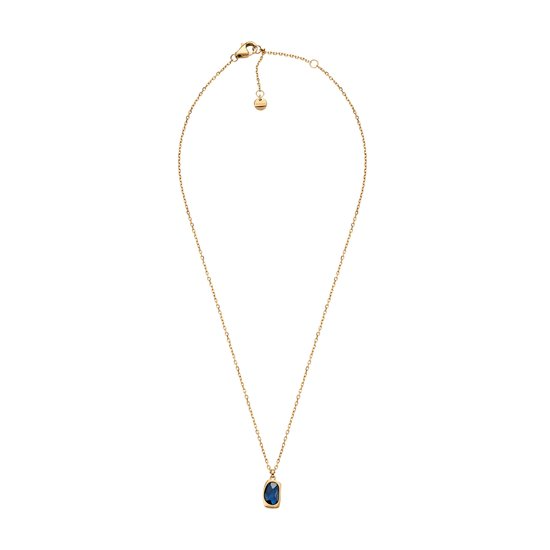 Een gepolijste goudkleurige roestvrijstalen ketting omlijst een op blauw zeeglas ge&iuml;nspireerde licht transparante hanger met organische rondingen. Afgewerkt met een karabijnsluiting om hem veilig te kunnen dragen.
Productspecificaties