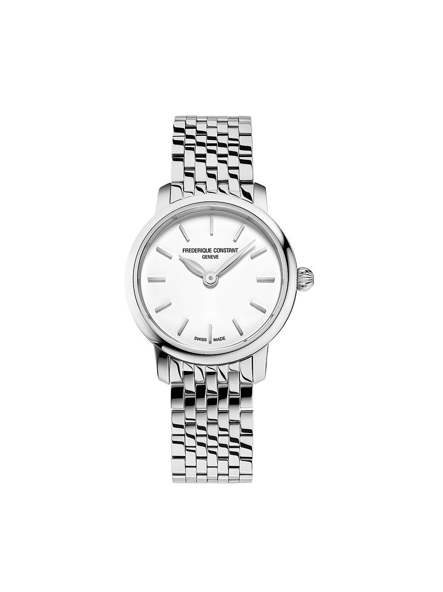 De Classics Slimline Dames Mini FC-200S6B horloge heeft een elegant en slank ontwerp. Met een zilverkleurige roestvrijstalen kast en band, een ronde witte wijzerplaat en saffierglas, straalt het verfijning uit. Het horloge heeft een analoge weergave en Zwitserse quartzbeweging. Zonder datum- of lichtfunctie is het perfect voor formele gelegenheden. Draag het als een stijlvol accessoire bij elke chique outfit.