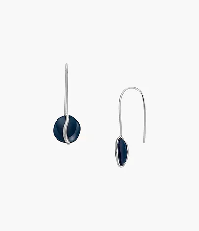 These blue sea glass pull-through earrings feature an organic-shaped drop with a stainless steel wave pattern.